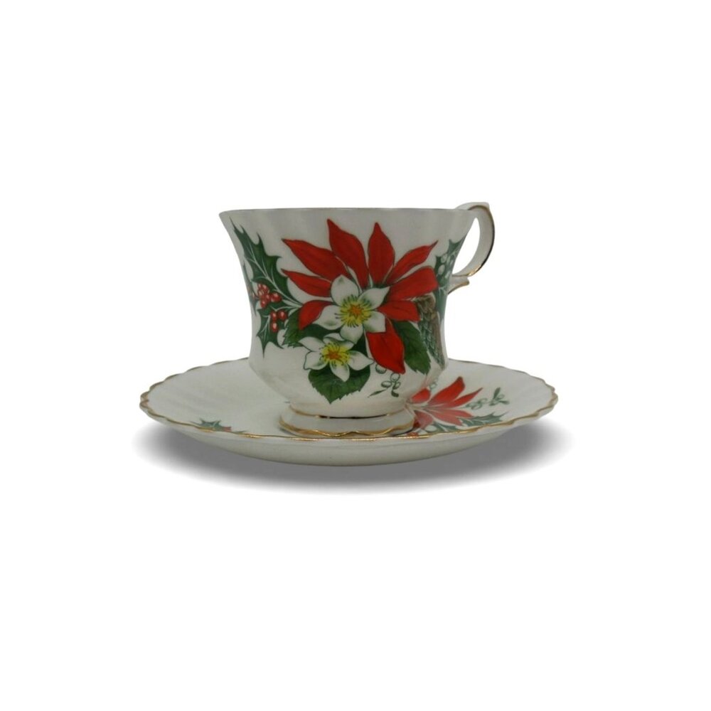 Queen Anne Noel Tea Cup Set Christmas Poinsettia England Vintage